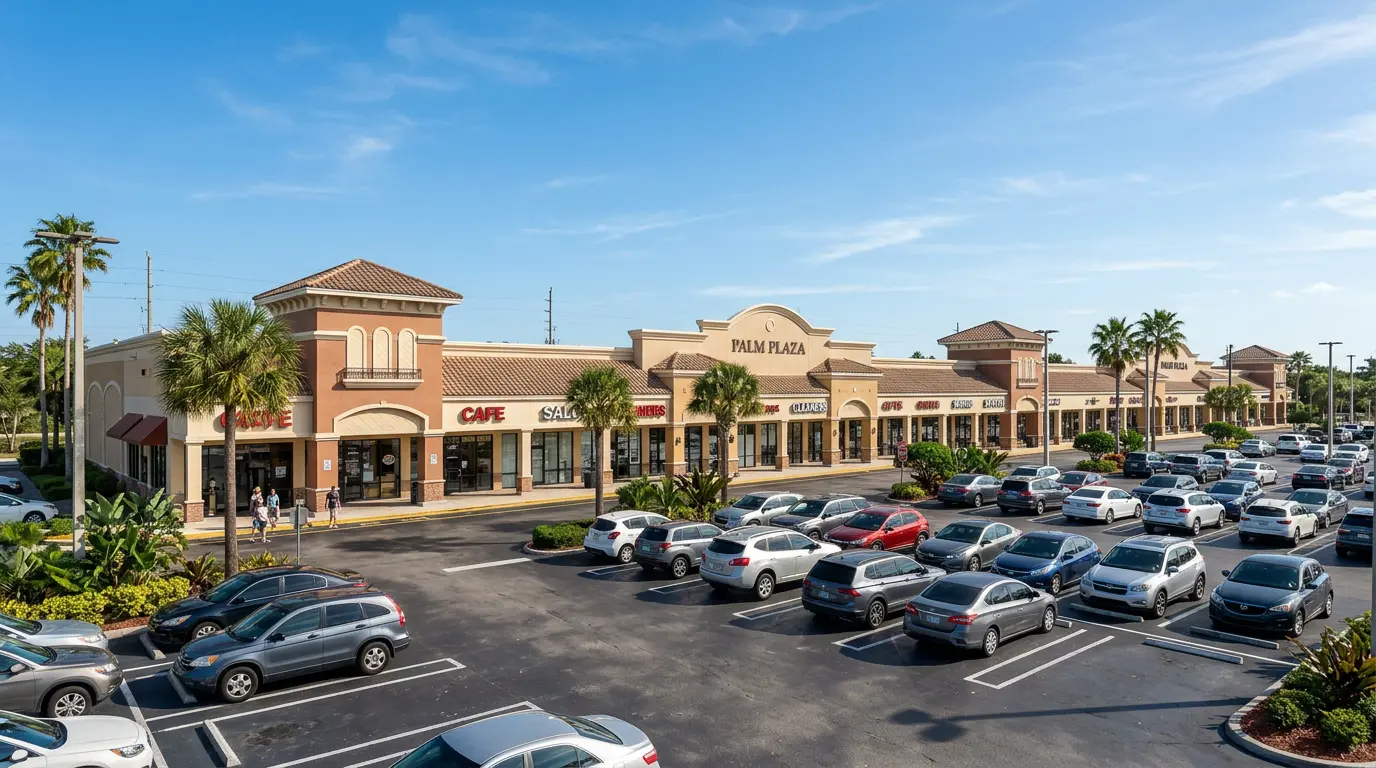 Wide view of a strip mall with parking lot in Florida