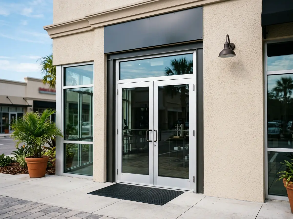 Close-up of a modern strip mall storefront entrance